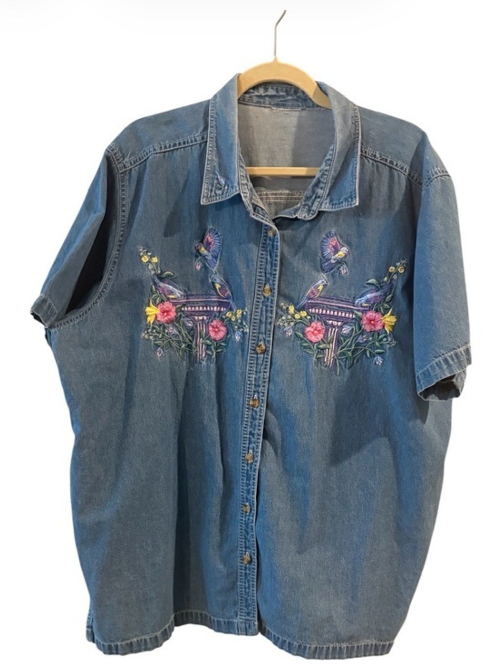 Bobbie Brooks Denim Button Up Floral Bird Bath Embroidery Garden 20/22